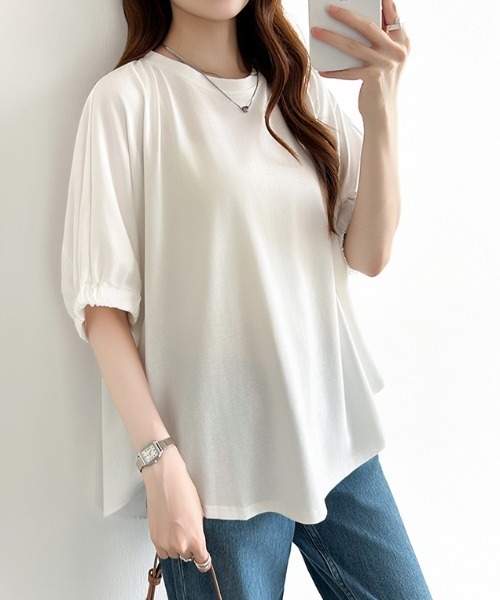 COCOMOMO（ココモモ）の「ドッキングトップス ラウンドヘム 異素材 Tシャツ オーバーサイズ カットソー 半袖 夏服 無地 ボーダー（Tシャツ/カットソー・レディース・ホワイト/ホワイト×ブラック/ブラック・FREE）」の9枚目の写真