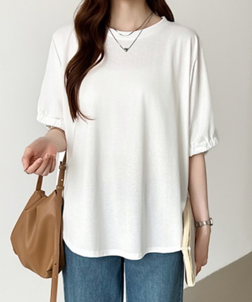 COCOMOMO（ココモモ）の「ドッキングトップス ラウンドヘム 異素材 Tシャツ オーバーサイズ カットソー 半袖 夏服 無地 ボーダー（Tシャツ/カットソー・レディース・ホワイト/ホワイト×ブラック/ブラック・FREE）」の22枚目の写真