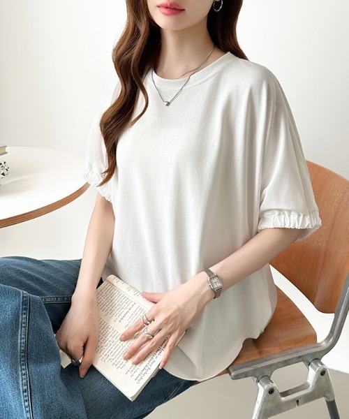 COCOMOMO（ココモモ）の「ドッキングトップス ラウンドヘム 異素材 Tシャツ オーバーサイズ カットソー 半袖 夏服 無地 ボーダー（Tシャツ/カットソー・レディース・ホワイト/ホワイト×ブラック/ブラック・FREE）」の21枚目の写真