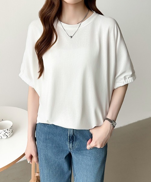 COCOMOMO（ココモモ）の「ドッキングトップス ラウンドヘム 異素材 Tシャツ オーバーサイズ カットソー 半袖 夏服 無地 ボーダー（Tシャツ/カットソー・レディース・ホワイト/ホワイト×ブラック/ブラック・FREE）」の11枚目の写真