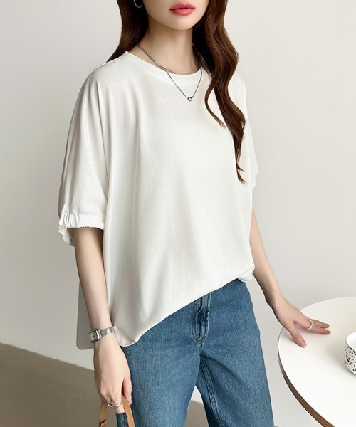 COCOMOMO（ココモモ）の「ドッキングトップス ラウンドヘム 異素材 Tシャツ オーバーサイズ カットソー 半袖 夏服 無地 ボーダー（Tシャツ/カットソー・レディース・ホワイト/ホワイト×ブラック/ブラック・FREE）」の20枚目の写真