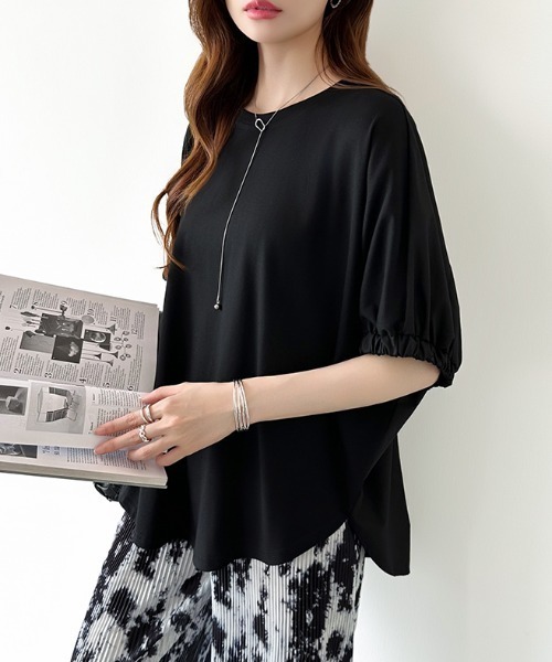 COCOMOMO（ココモモ）の「ドッキングトップス ラウンドヘム 異素材 Tシャツ オーバーサイズ カットソー 半袖 夏服 無地 ボーダー（Tシャツ/カットソー・レディース・ホワイト/ホワイト×ブラック/ブラック・FREE）」の13枚目の写真