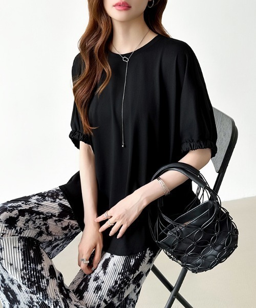 COCOMOMO（ココモモ）の「ドッキングトップス ラウンドヘム 異素材 Tシャツ オーバーサイズ カットソー 半袖 夏服 無地 ボーダー（Tシャツ/カットソー・レディース・ホワイト/ホワイト×ブラック/ブラック・FREE）」の15枚目の写真