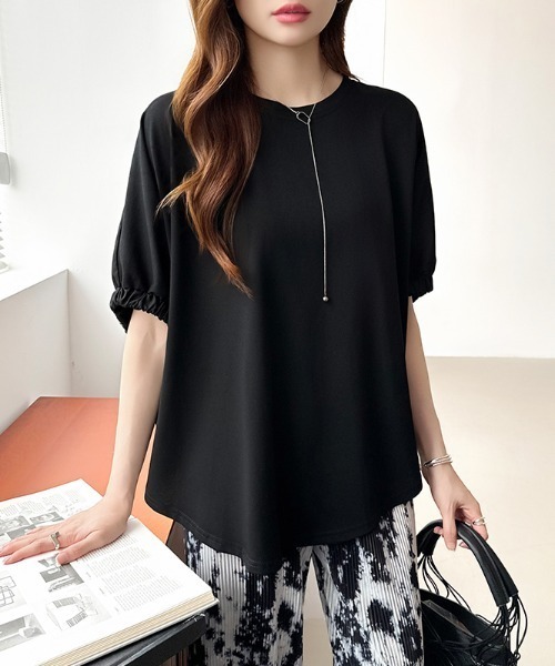 COCOMOMO（ココモモ）の「ドッキングトップス ラウンドヘム 異素材 Tシャツ オーバーサイズ カットソー 半袖 夏服 無地 ボーダー（Tシャツ/カットソー・レディース・ホワイト/ホワイト×ブラック/ブラック・FREE）」の12枚目の写真