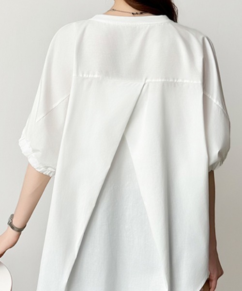 COCOMOMO（ココモモ）の「ドッキングトップス ラウンドヘム 異素材 Tシャツ オーバーサイズ カットソー 半袖 夏服 無地 ボーダー（Tシャツ/カットソー・レディース・ホワイト/ホワイト×ブラック/ブラック・FREE）」の10枚目の写真