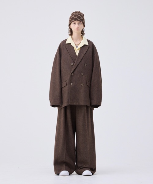 【完売品】soerte ワイドストレートヘリンボーンスラックス　ブラウン　1 Wide straight herringbone tweed slacks/ワイドストレート