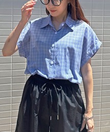 ISOOK | 【ISOOK / アイスー】シアーチェック半袖シャツ / チェックシャツ シアーシャツ シアートップス コンパクトシャツ 柄シャツ シースルー レギュラーカラー ショート丈 クロップド丈 短丈 半袖 チェック柄 ブルー アイボリー ネイビー 青 白 紺 ZOZOTOWN限定(シャツ/ブラウス)