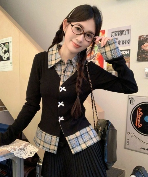 MONO8（モノハチ）の「チェック柄シャツレイヤード風カーディガン