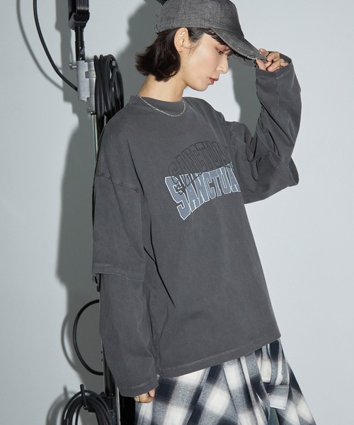 Anchor Smith(アンカー スミス)の「ヴィンテージ加工ピグメント レイヤード風アーチロゴカレッジプリントロンT(Tシャツ/カットソー・レディース・ブラック系1/ネイビー/ブラック系2/レッド・L/M)」の8枚目の写真