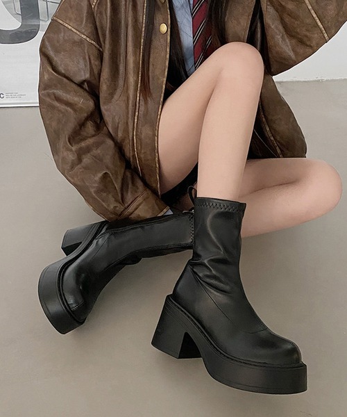 SANSeLF(サンセルフ)の「【SANSeLF】 ショートブーツ 厚底チャンキーヒール サイドジップ sas25a022(ブーツ・レディース・ブラック・39/38/37/36)」の1枚目の写真