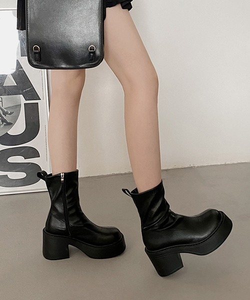 SANSeLF(サンセルフ)の「【SANSeLF】 ショートブーツ 厚底チャンキーヒール サイドジップ sas25a022(ブーツ・レディース・ブラック・39/38/37/36)」の4枚目の写真
