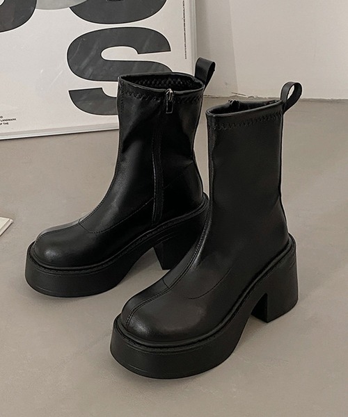 SANSeLF(サンセルフ)の「【SANSeLF】 ショートブーツ 厚底チャンキーヒール サイドジップ sas25a022(ブーツ・レディース・ブラック・39/38/37/36)」の13枚目の写真
