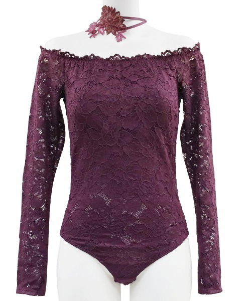 ANNEBRA（アンブラ）の「Harmony in Bloom チョーカー付きオフショルレースボディスーツ/テディ（その他アンダーウェア/インナー・レディース・ダークパープル/マスタード・M/L）」の6枚目の写真
