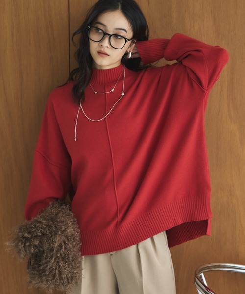 Doux archives(ドゥアルシーヴ)の「【抗ピリング・手洗い可】アウトリンキングニット(ニット/セーター・レディース・レッド/ブラック/オフホワイト/ブルー・FREE)」の1枚目の写真