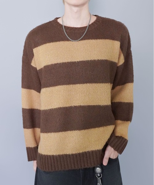 SPINNS（スピンズ）の「モヘアタッチボーダーニット/太めボーダー/チクチクしない軽い着心地（ニット/セーター・メンズ・ホワイト×ブラック/グレー系その他/ブラウン系その他/ブルー系その他/レッド系その他/ピンク系その他・ONESIZE）」の3枚目の写真