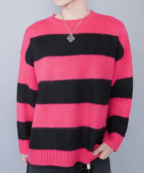 SPINNS（スピンズ）の「モヘアタッチボーダーニット/太めボーダー/チクチクしない軽い着心地（ニット/セーター・メンズ・ホワイト×ブラック/グレー系その他/ブラウン系その他/ブルー系その他/レッド系その他/ピンク系その他・ONESIZE）」の5枚目の写真