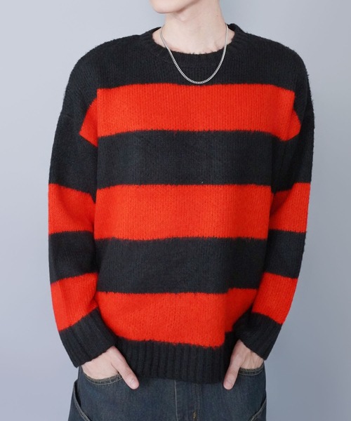 SPINNS（スピンズ）の「モヘアタッチボーダーニット/太めボーダー/チクチクしない軽い着心地（ニット/セーター・メンズ・ホワイト×ブラック/グレー系その他/ブラウン系その他/ブルー系その他/レッド系その他/ピンク系その他・ONESIZE）」の6枚目の写真