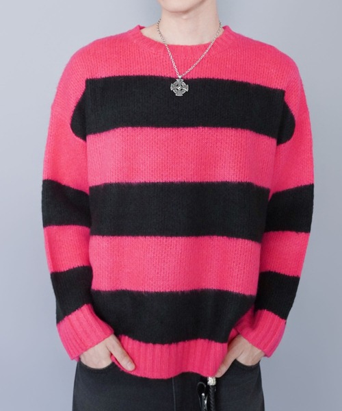 SPINNS（スピンズ）の「モヘアタッチボーダーニット/太めボーダー/チクチクしない軽い着心地（ニット/セーター・メンズ・ホワイト×ブラック/グレー系その他/ブラウン系その他/ブルー系その他/レッド系その他/ピンク系その他・ONESIZE）」の7枚目の写真