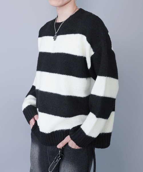 セール】モヘアタッチボーダーニット/太めボーダー/チクチクしない軽い