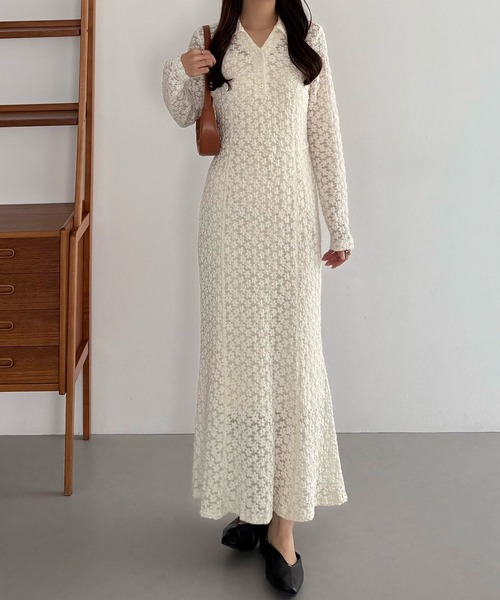 カットレース長袖ポロワンピース（ペチワンピースセット）（ワンピース）｜callautia（カラウティア）