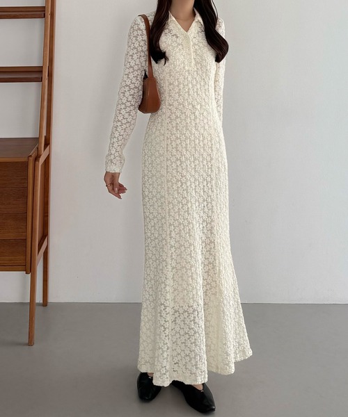 カットレース長袖ポロワンピース(ペチワンピースセット)(ワンピース)|callautia(カラウティア)