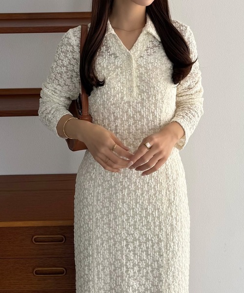 カットレース長袖ポロワンピース(ペチワンピースセット)(ワンピース)|callautia(カラウティア)