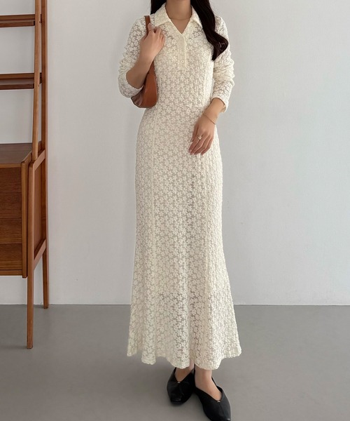 カットレース長袖ポロワンピース(ペチワンピースセット)(ワンピース)|callautia(カラウティア)