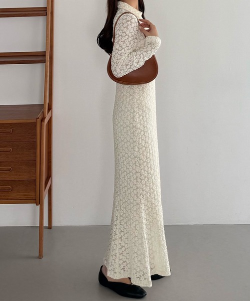 カットレース長袖ポロワンピース(ペチワンピースセット)(ワンピース)|callautia(カラウティア)