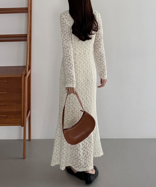 カットレース長袖ポロワンピース(ペチワンピースセット)(ワンピース)|callautia(カラウティア)