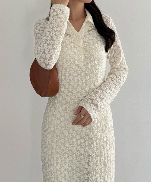 カットレース長袖ポロワンピース(ペチワンピースセット)(ワンピース)|callautia(カラウティア)