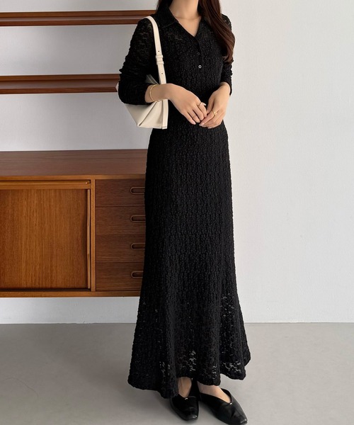 カットレース長袖ポロワンピース(ペチワンピースセット)(ワンピース)|callautia(カラウティア)