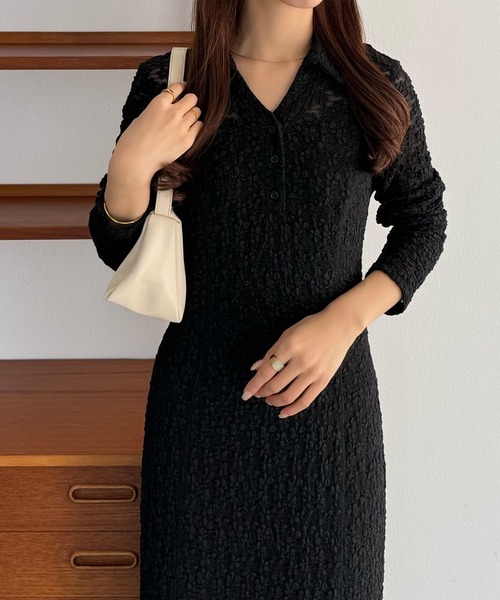 カットレース長袖ポロワンピース(ペチワンピースセット)(ワンピース)|callautia(カラウティア)