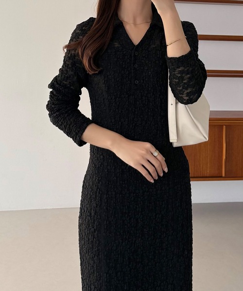 カットレース長袖ポロワンピース(ペチワンピースセット)(ワンピース)|callautia(カラウティア)