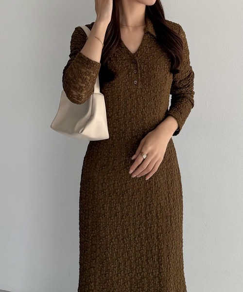 カットレース長袖ポロワンピース(ペチワンピースセット)(ワンピース)|callautia(カラウティア)