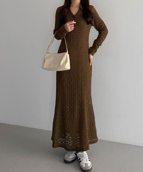 カットレース長袖ポロワンピース(ペチワンピースセット)(ワンピース)|callautia(カラウティア)