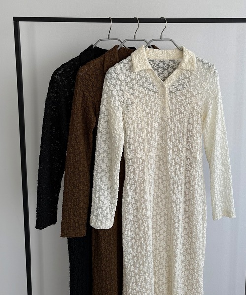 カットレース長袖ポロワンピース(ペチワンピースセット)(ワンピース)|callautia(カラウティア)