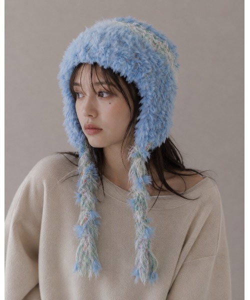 HIKA（ヒカ）の「【HIKA】耳あて付きボーダーニットCAP（ニットキャップ/ビーニー・レディース・イエロー/ホワイト/ブルー/ブラウン系その他/ブラック・FREE）」の4枚目の写真
