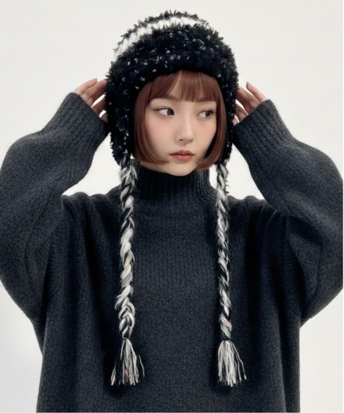 HIKA（ヒカ）の「【HIKA】耳あて付きボーダーニットCAP（ニットキャップ/ビーニー・レディース・イエロー/ホワイト/ブルー/ブラウン系その他/ブラック・FREE）」の14枚目の写真