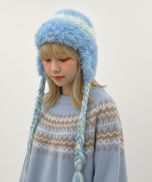 HIKA（ヒカ）の「【HIKA】耳あて付きボーダーニットCAP（ニットキャップ/ビーニー・レディース・イエロー/ホワイト/ブルー/ブラウン系その他/ブラック・FREE）」の16枚目の写真