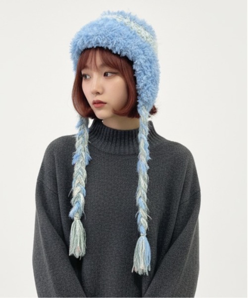 HIKA（ヒカ）の「【HIKA】耳あて付きボーダーニットCAP（ニットキャップ/ビーニー・レディース・イエロー/ホワイト/ブルー/ブラウン系その他/ブラック・FREE）」の15枚目の写真