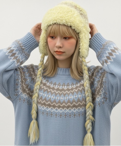 HIKA（ヒカ）の「【HIKA】耳あて付きボーダーニットCAP（ニットキャップ/ビーニー・レディース・イエロー/ホワイト/ブルー/ブラウン系その他/ブラック・FREE）」の21枚目の写真