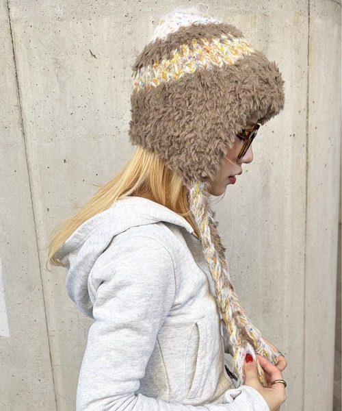HIKA（ヒカ）の「【HIKA】耳あて付きボーダーニットCAP（ニットキャップ/ビーニー・レディース・イエロー/ホワイト/ブルー/ブラウン系その他/ブラック・FREE）」の20枚目の写真