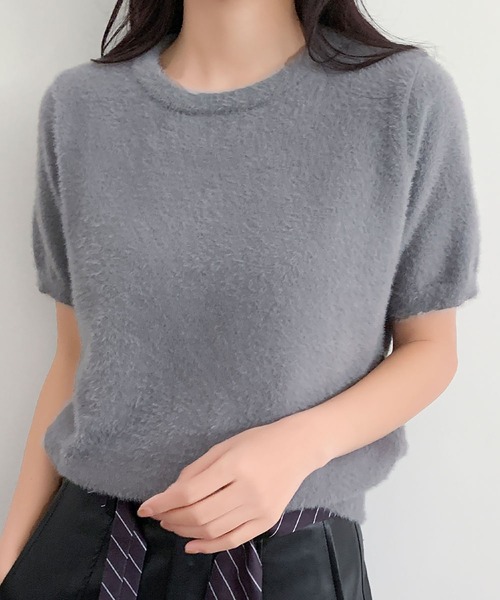 LOWO(ロワ)の「シャギーニット 半袖 プルオーバー トップス 秋冬 キレイめ(ニット/セーター・レディース・グレー/オフホワイト/ブラウン・FREE)」の1枚目の写真