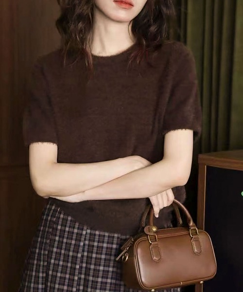 LOWO(ロワ)の「シャギーニット 半袖 プルオーバー トップス 秋冬 キレイめ(ニット/セーター・レディース・グレー/オフホワイト/ブラウン・FREE)」の7枚目の写真