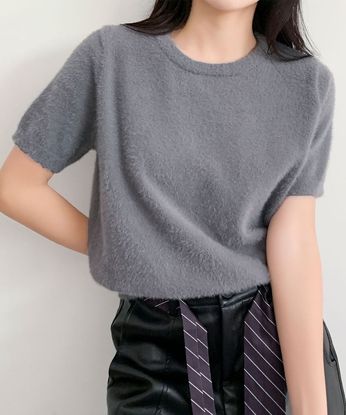 LOWO(ロワ)の「シャギーニット 半袖 プルオーバー トップス 秋冬 キレイめ(ニット/セーター・レディース・グレー/オフホワイト/ブラウン・FREE)」の9枚目の写真