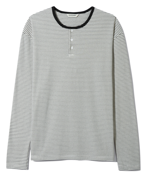 BASEMOMENT（ベースモーメント）の「ストライプヘンリーネックリブTシャツアイボリー（Tシャツ/カットソー・メンズ・その他・MEDIUM/LARGE）」の2枚目の写真