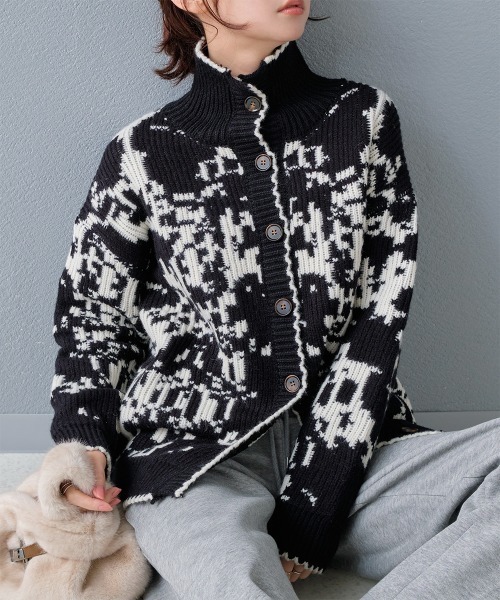 セール】2WAYカラー モザイク柄ニットカーディガン（カーディガン