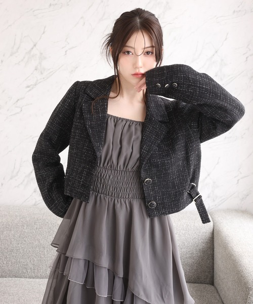 one after another NICE CLAUP(ワンアフターアナザーナイスクラップ)の「【premium order】セットで着れる/ツイードショートジャケット(テーラードジャケット・レディース・アイボリー/ブラック/ミント・FREE)」の1枚目の写真