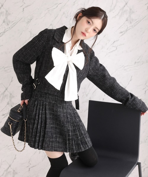 one after another NICE CLAUP(ワンアフターアナザーナイスクラップ)の「【premium order】セットで着れる/ツイードショートジャケット(テーラードジャケット・レディース・アイボリー/ブラック/ミント・FREE)」の9枚目の写真