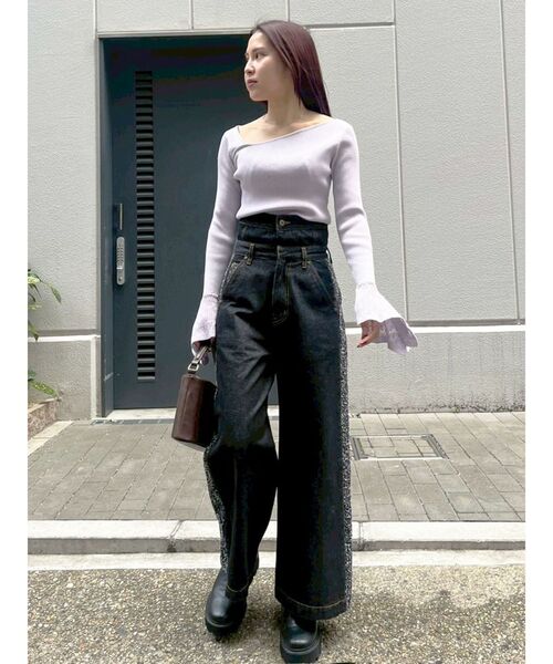 LAGUNAMOON（ラグナムーン）の「シアーパターンカフスリブニットプルオーバー（ニット/セーター・レディース・ブラック/ラベンダー/ホワイト・FREE）」の13枚目の写真